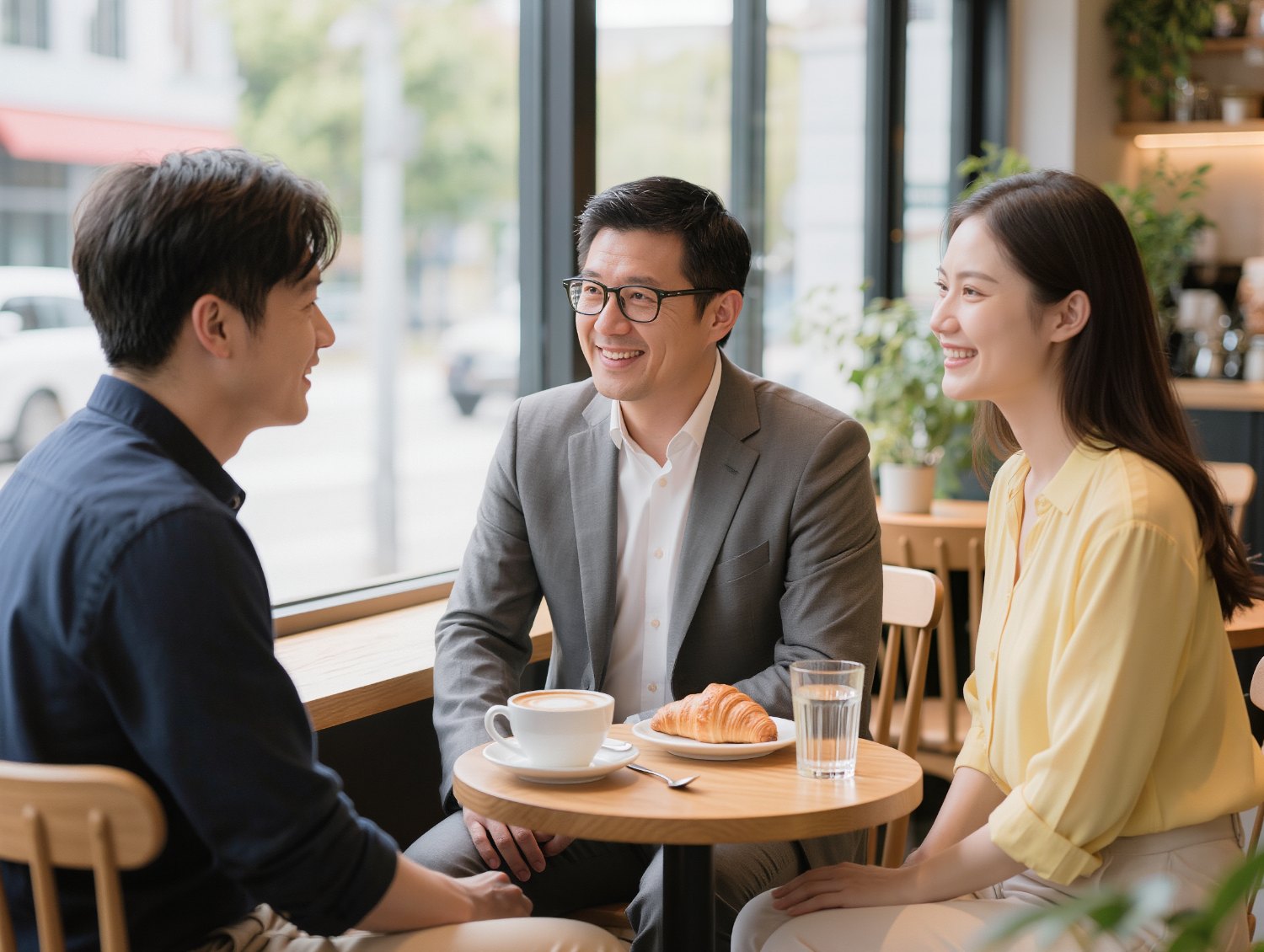 A financial advisor in conversation with a couple over coffee at a café